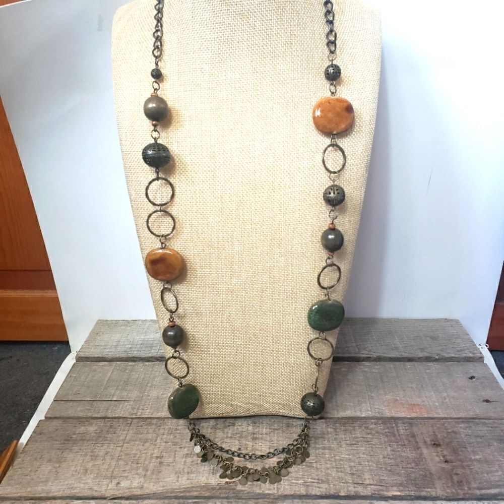BRONZE & BEADED Necklace Metal Wood & Glazed Clay
